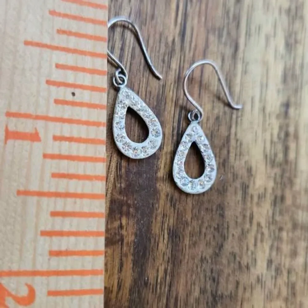 925 Sterling Silver Clear Rhinestone Open Teardrop Dangle Earrings